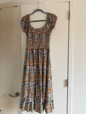 Urban Outfitters Floral Smocked Midi Dress in Mustard and Pink